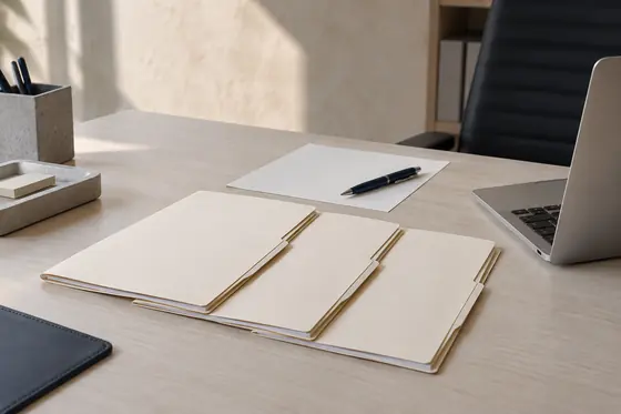 Escritorio con expedientes organizados y una computadora portátil.